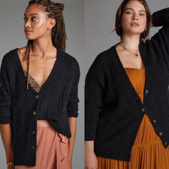 Anthropologie Black Classic Pointelle Cable Knit Cardigan Sweater - Picture 4 of 9